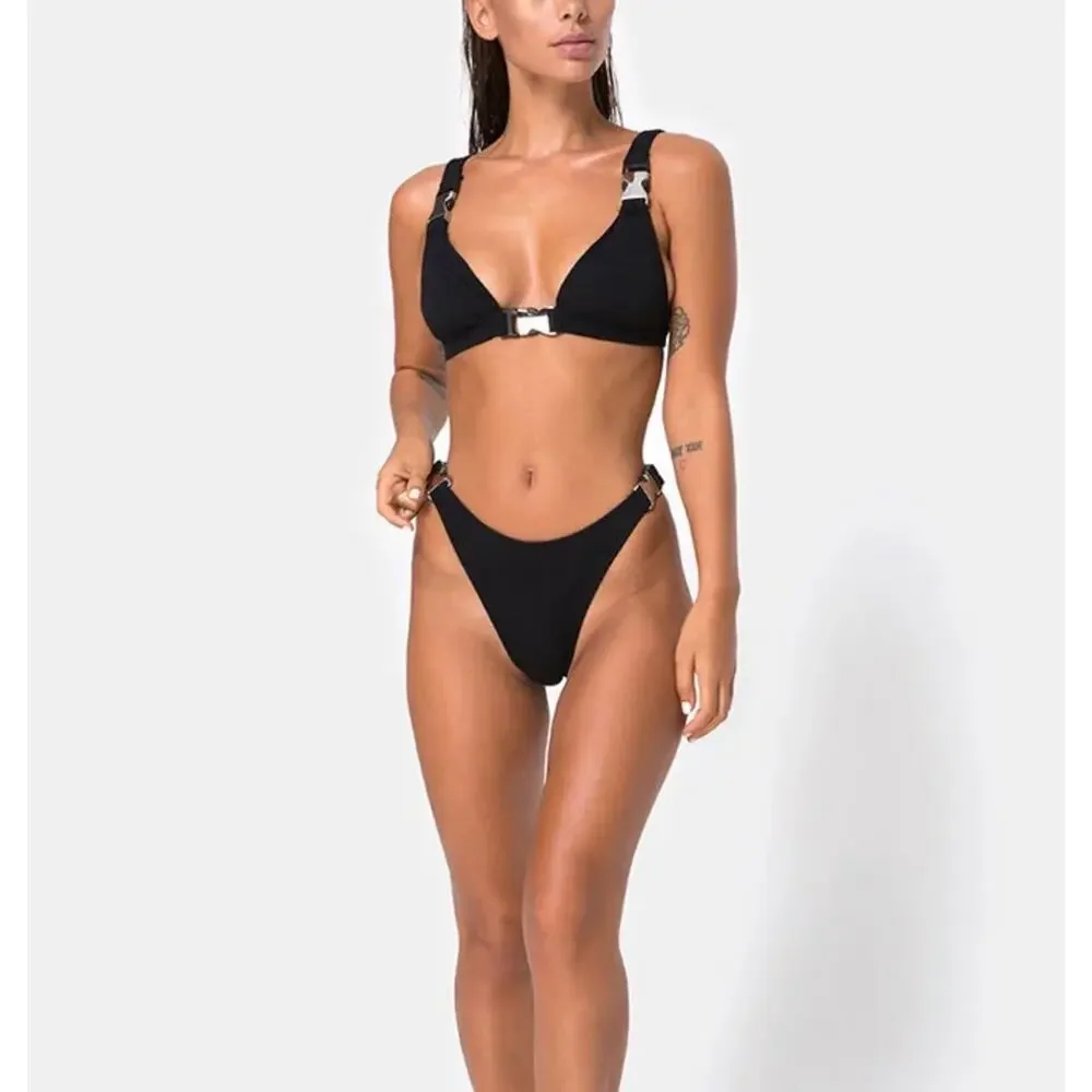 $82 NWT Motel Hyuna Bikini Top & bottom Black With Silver Buckle S/M